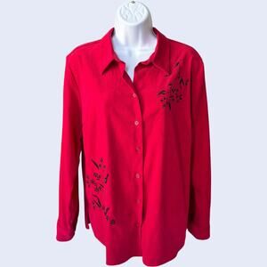 Cascade Blue PM Floral Embroidered Button Up Blouse Red Regular Fit